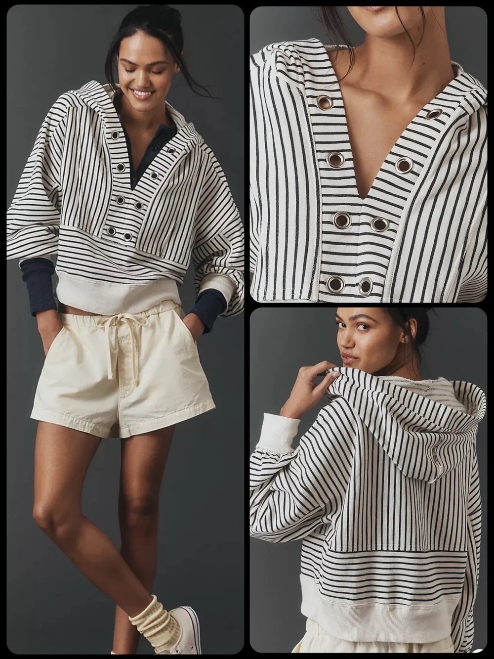 Pilcro Anthropologie Striped Hooded Pullover Jacket - Black & White XXS Like New